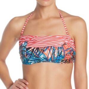 Nicole Miller Bandeau Halter Tie Neck Bikini Top Size 10 Striped Floral Red Blue